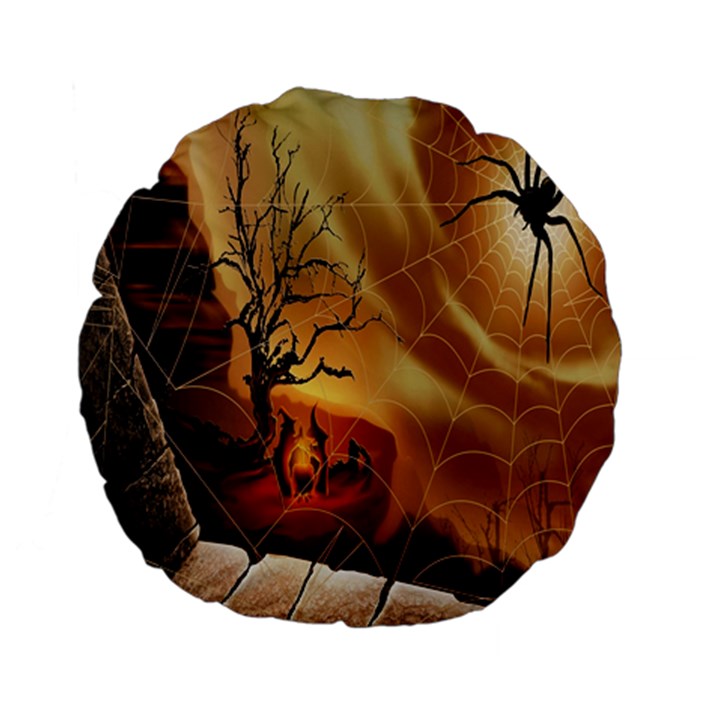 Digital Art Nature Spider Witch Spiderwebs Bricks Window Trees Fire Boiler Cliff Rock Standard 15  Premium Flano Round Cushions