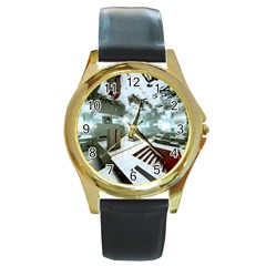 Digital Art Paint In Water Round Gold Metal Watch by Simbadda