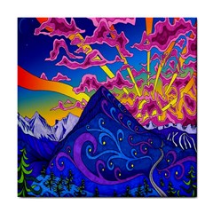 Psychedelic Colorful Lines Nature Mountain Trees Snowy Peak Moon Sun Rays Hill Road Artwork Stars Tile Coasters by Simbadda