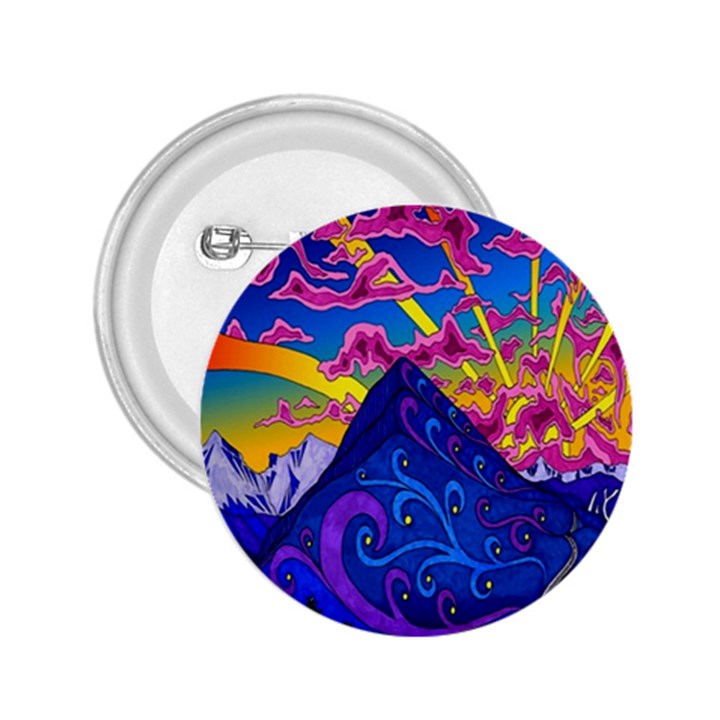 Psychedelic Colorful Lines Nature Mountain Trees Snowy Peak Moon Sun Rays Hill Road Artwork Stars 2.25  Buttons