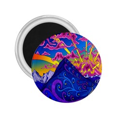 Psychedelic Colorful Lines Nature Mountain Trees Snowy Peak Moon Sun Rays Hill Road Artwork Stars 2 25  Magnets by Simbadda