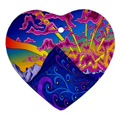 Psychedelic Colorful Lines Nature Mountain Trees Snowy Peak Moon Sun Rays Hill Road Artwork Stars Ornament (heart)