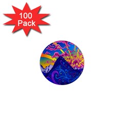 Psychedelic Colorful Lines Nature Mountain Trees Snowy Peak Moon Sun Rays Hill Road Artwork Stars 1  Mini Magnets (100 Pack)  by Simbadda