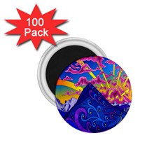 Psychedelic Colorful Lines Nature Mountain Trees Snowy Peak Moon Sun Rays Hill Road Artwork Stars 1 75  Magnets (100 Pack)  by Simbadda