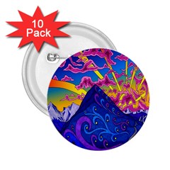 Psychedelic Colorful Lines Nature Mountain Trees Snowy Peak Moon Sun Rays Hill Road Artwork Stars 2 25  Buttons (10 Pack)  by Simbadda