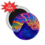 Psychedelic Colorful Lines Nature Mountain Trees Snowy Peak Moon Sun Rays Hill Road Artwork Stars 2.25  Magnets (10 pack)  Front