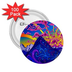 Psychedelic Colorful Lines Nature Mountain Trees Snowy Peak Moon Sun Rays Hill Road Artwork Stars 2 25  Buttons (100 Pack)  by Simbadda