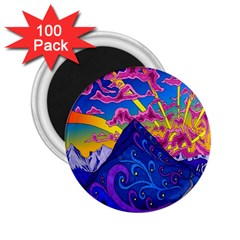 Psychedelic Colorful Lines Nature Mountain Trees Snowy Peak Moon Sun Rays Hill Road Artwork Stars 2 25  Magnets (100 Pack)  by Simbadda