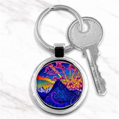 Psychedelic Colorful Lines Nature Mountain Trees Snowy Peak Moon Sun Rays Hill Road Artwork Stars Key Chains (round)  by Simbadda