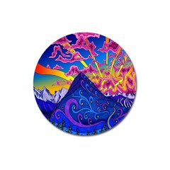 Psychedelic Colorful Lines Nature Mountain Trees Snowy Peak Moon Sun Rays Hill Road Artwork Stars Magnet 3  (round) by Simbadda