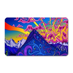 Psychedelic Colorful Lines Nature Mountain Trees Snowy Peak Moon Sun Rays Hill Road Artwork Stars Magnet (rectangular) by Simbadda