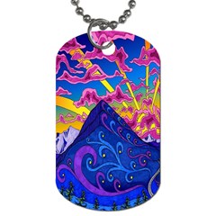 Psychedelic Colorful Lines Nature Mountain Trees Snowy Peak Moon Sun Rays Hill Road Artwork Stars Dog Tag (one Side) by Simbadda