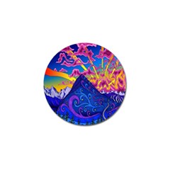 Psychedelic Colorful Lines Nature Mountain Trees Snowy Peak Moon Sun Rays Hill Road Artwork Stars Golf Ball Marker (10 Pack) by Simbadda