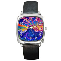 Psychedelic Colorful Lines Nature Mountain Trees Snowy Peak Moon Sun Rays Hill Road Artwork Stars Square Metal Watch by Simbadda