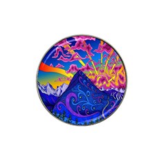 Psychedelic Colorful Lines Nature Mountain Trees Snowy Peak Moon Sun Rays Hill Road Artwork Stars Hat Clip Ball Marker (4 Pack) by Simbadda