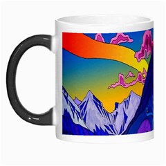 Psychedelic Colorful Lines Nature Mountain Trees Snowy Peak Moon Sun Rays Hill Road Artwork Stars Morph Mugs by Simbadda