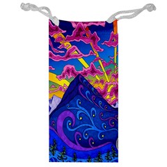 Psychedelic Colorful Lines Nature Mountain Trees Snowy Peak Moon Sun Rays Hill Road Artwork Stars Jewelry Bag by Simbadda