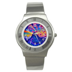 Psychedelic Colorful Lines Nature Mountain Trees Snowy Peak Moon Sun Rays Hill Road Artwork Stars Stainless Steel Watch by Simbadda