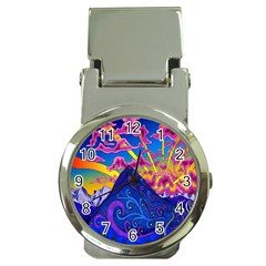 Psychedelic Colorful Lines Nature Mountain Trees Snowy Peak Moon Sun Rays Hill Road Artwork Stars Money Clip Watches by Simbadda