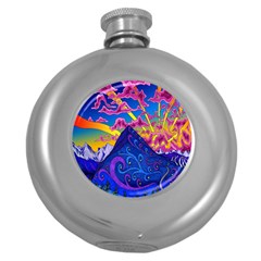 Psychedelic Colorful Lines Nature Mountain Trees Snowy Peak Moon Sun Rays Hill Road Artwork Stars Round Hip Flask (5 Oz) by Simbadda