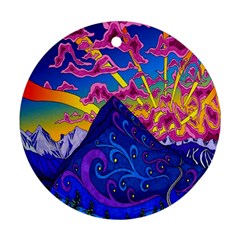 Psychedelic Colorful Lines Nature Mountain Trees Snowy Peak Moon Sun Rays Hill Road Artwork Stars Round Ornament (two Sides) by Simbadda