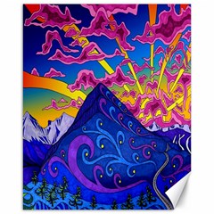 Psychedelic Colorful Lines Nature Mountain Trees Snowy Peak Moon Sun Rays Hill Road Artwork Stars Canvas 16  X 20   by Simbadda