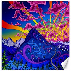 Psychedelic Colorful Lines Nature Mountain Trees Snowy Peak Moon Sun Rays Hill Road Artwork Stars Canvas 20  X 20   by Simbadda