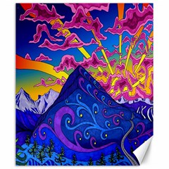 Psychedelic Colorful Lines Nature Mountain Trees Snowy Peak Moon Sun Rays Hill Road Artwork Stars Canvas 20  X 24   by Simbadda