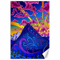 Psychedelic Colorful Lines Nature Mountain Trees Snowy Peak Moon Sun Rays Hill Road Artwork Stars Canvas 24  X 36  by Simbadda