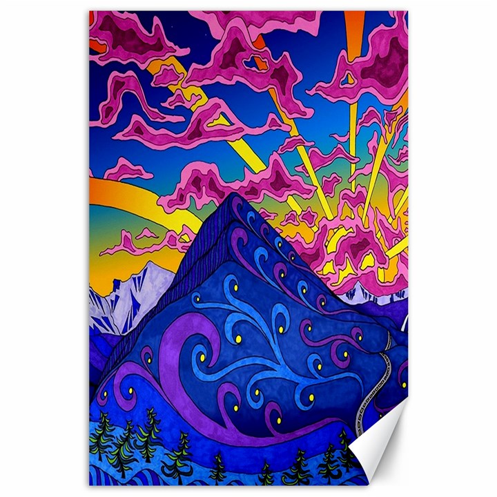 Psychedelic Colorful Lines Nature Mountain Trees Snowy Peak Moon Sun Rays Hill Road Artwork Stars Canvas 24  x 36 