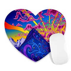 Psychedelic Colorful Lines Nature Mountain Trees Snowy Peak Moon Sun Rays Hill Road Artwork Stars Heart Mousepads by Simbadda