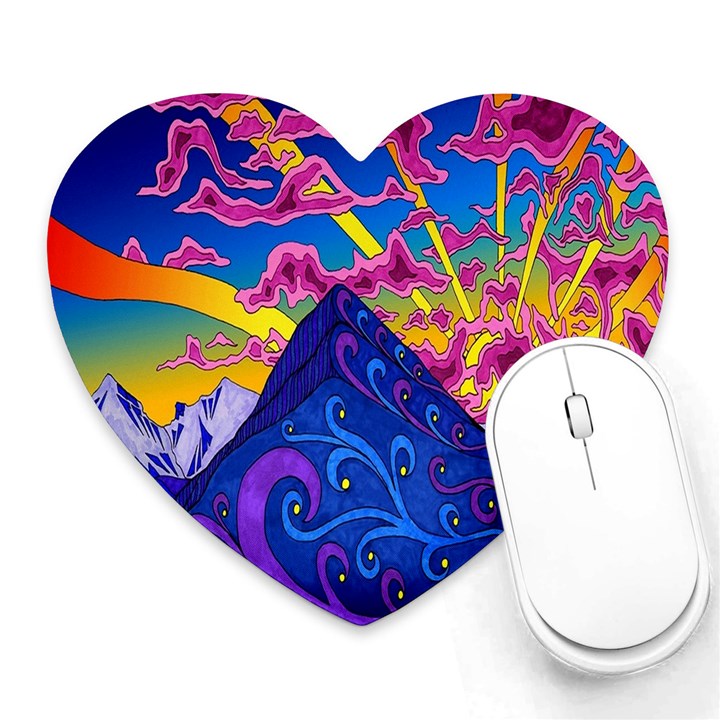 Psychedelic Colorful Lines Nature Mountain Trees Snowy Peak Moon Sun Rays Hill Road Artwork Stars Heart Mousepads