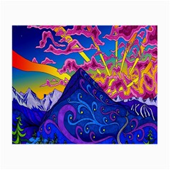 Psychedelic Colorful Lines Nature Mountain Trees Snowy Peak Moon Sun Rays Hill Road Artwork Stars Small Glasses Cloth (2-side) by Simbadda