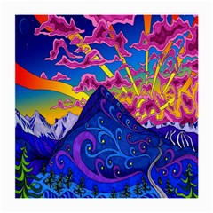 Psychedelic Colorful Lines Nature Mountain Trees Snowy Peak Moon Sun Rays Hill Road Artwork Stars Medium Glasses Cloth (2-side) by Simbadda