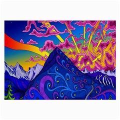 Psychedelic Colorful Lines Nature Mountain Trees Snowy Peak Moon Sun Rays Hill Road Artwork Stars Large Glasses Cloth by Simbadda