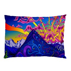 Psychedelic Colorful Lines Nature Mountain Trees Snowy Peak Moon Sun Rays Hill Road Artwork Stars Pillow Case by Simbadda