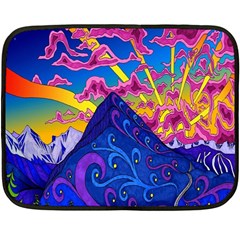 Psychedelic Colorful Lines Nature Mountain Trees Snowy Peak Moon Sun Rays Hill Road Artwork Stars Fleece Blanket (mini) by Simbadda