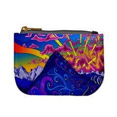 Psychedelic Colorful Lines Nature Mountain Trees Snowy Peak Moon Sun Rays Hill Road Artwork Stars Mini Coin Purses by Simbadda