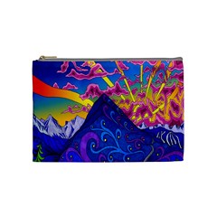 Psychedelic Colorful Lines Nature Mountain Trees Snowy Peak Moon Sun Rays Hill Road Artwork Stars Cosmetic Bag (medium)  by Simbadda