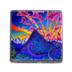 Psychedelic Colorful Lines Nature Mountain Trees Snowy Peak Moon Sun Rays Hill Road Artwork Stars Memory Card Reader (square) by Simbadda