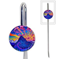 Psychedelic Colorful Lines Nature Mountain Trees Snowy Peak Moon Sun Rays Hill Road Artwork Stars Book Mark by Simbadda