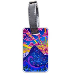 Psychedelic Colorful Lines Nature Mountain Trees Snowy Peak Moon Sun Rays Hill Road Artwork Stars Luggage Tags (one Side)  by Simbadda