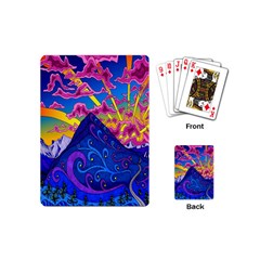 Psychedelic Colorful Lines Nature Mountain Trees Snowy Peak Moon Sun Rays Hill Road Artwork Stars Playing Cards (mini)  by Simbadda