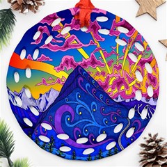 Psychedelic Colorful Lines Nature Mountain Trees Snowy Peak Moon Sun Rays Hill Road Artwork Stars Ornament (round Filigree) by Simbadda