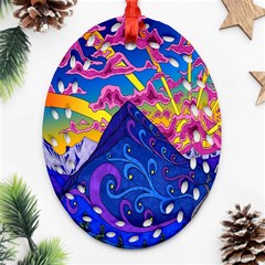 Psychedelic Colorful Lines Nature Mountain Trees Snowy Peak Moon Sun Rays Hill Road Artwork Stars Oval Filigree Ornament (two Sides) by Simbadda