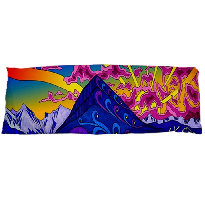 Psychedelic Colorful Lines Nature Mountain Trees Snowy Peak Moon Sun Rays Hill Road Artwork Stars Body Pillow Case Dakimakura (Two Sides)