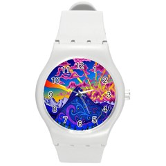 Psychedelic Colorful Lines Nature Mountain Trees Snowy Peak Moon Sun Rays Hill Road Artwork Stars Round Plastic Sport Watch (m) by Simbadda