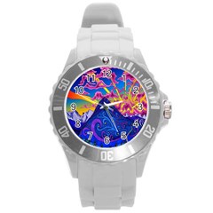 Psychedelic Colorful Lines Nature Mountain Trees Snowy Peak Moon Sun Rays Hill Road Artwork Stars Round Plastic Sport Watch (l) by Simbadda