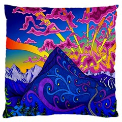 Psychedelic Colorful Lines Nature Mountain Trees Snowy Peak Moon Sun Rays Hill Road Artwork Stars Large Cushion Case (one Side) by Simbadda