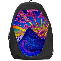 Psychedelic Colorful Lines Nature Mountain Trees Snowy Peak Moon Sun Rays Hill Road Artwork Stars Backpack Bag by Simbadda